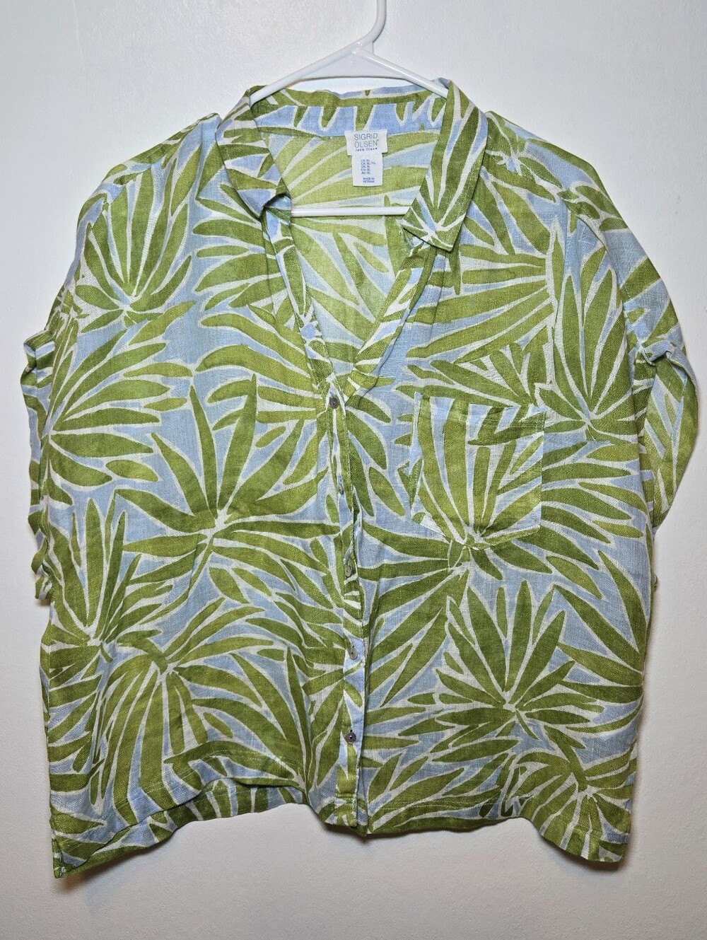 Sigrid Olsen Shirt Womens XL Green Tropical Linen Button Short Sleeve Top